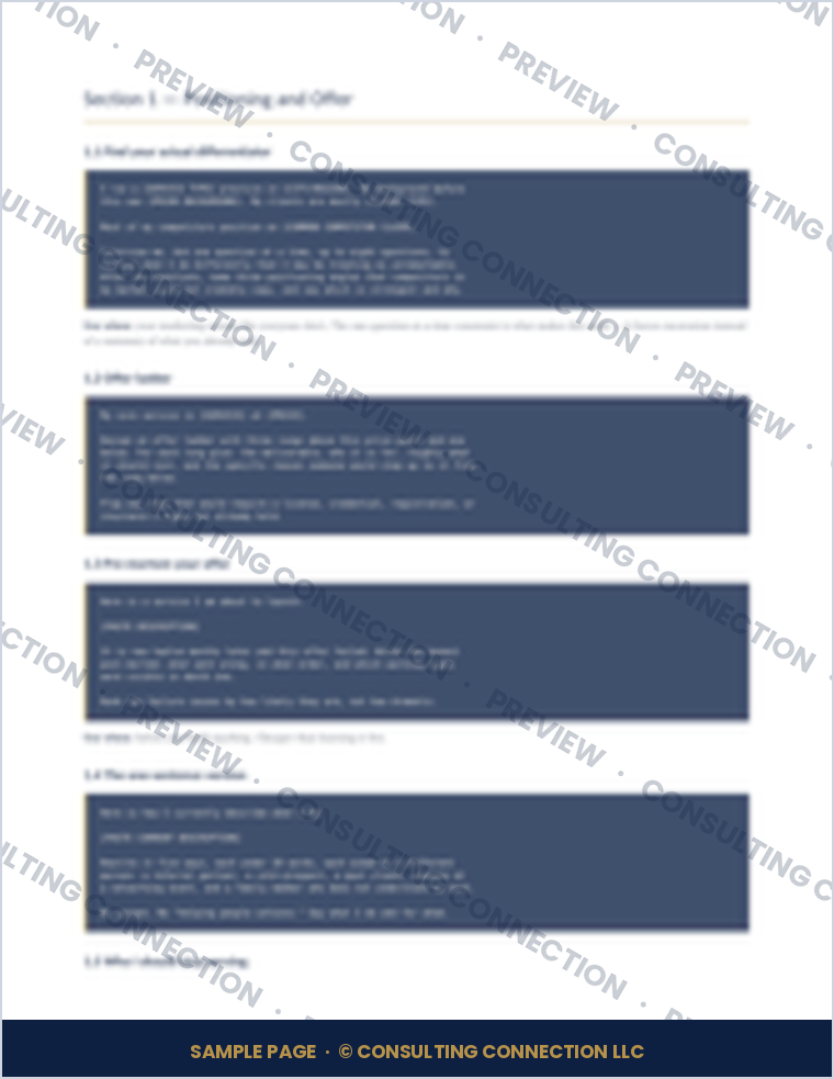 A sample section page showing four prompts in navy boxes, each with bracketed placeholders to fill in and a note on when to use it.